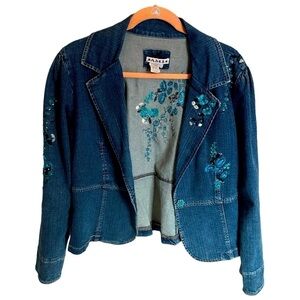 A.m.i. Medium Blue Embroidered And Bedazzled, Vintage Denim Jacket
